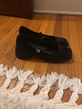 Black Suede Low Block Heel Mary Jane Pumps